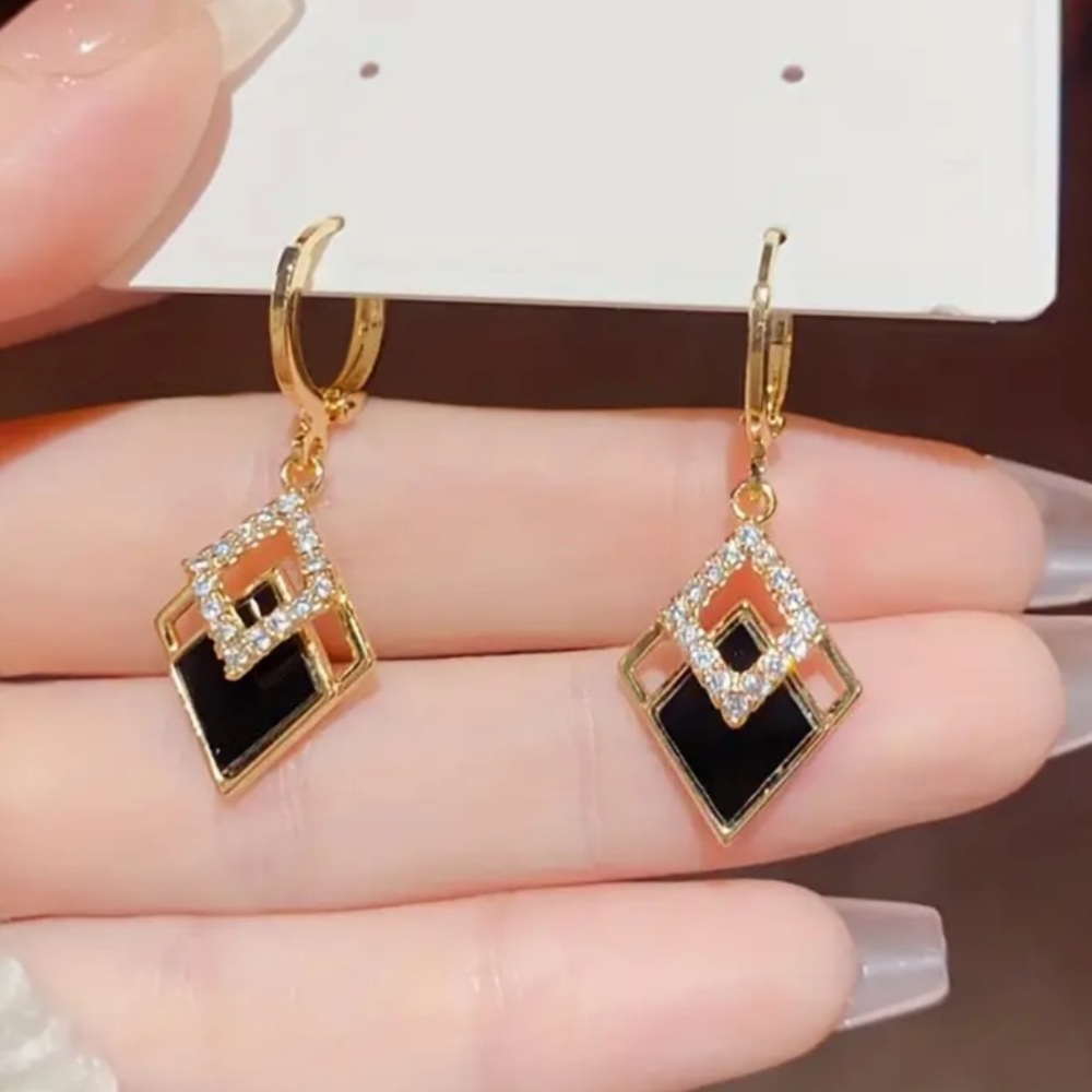 Boutique Item • Gold & Black ZirconDangle Earrings • Zinc Alloy - Picture 2 of 4